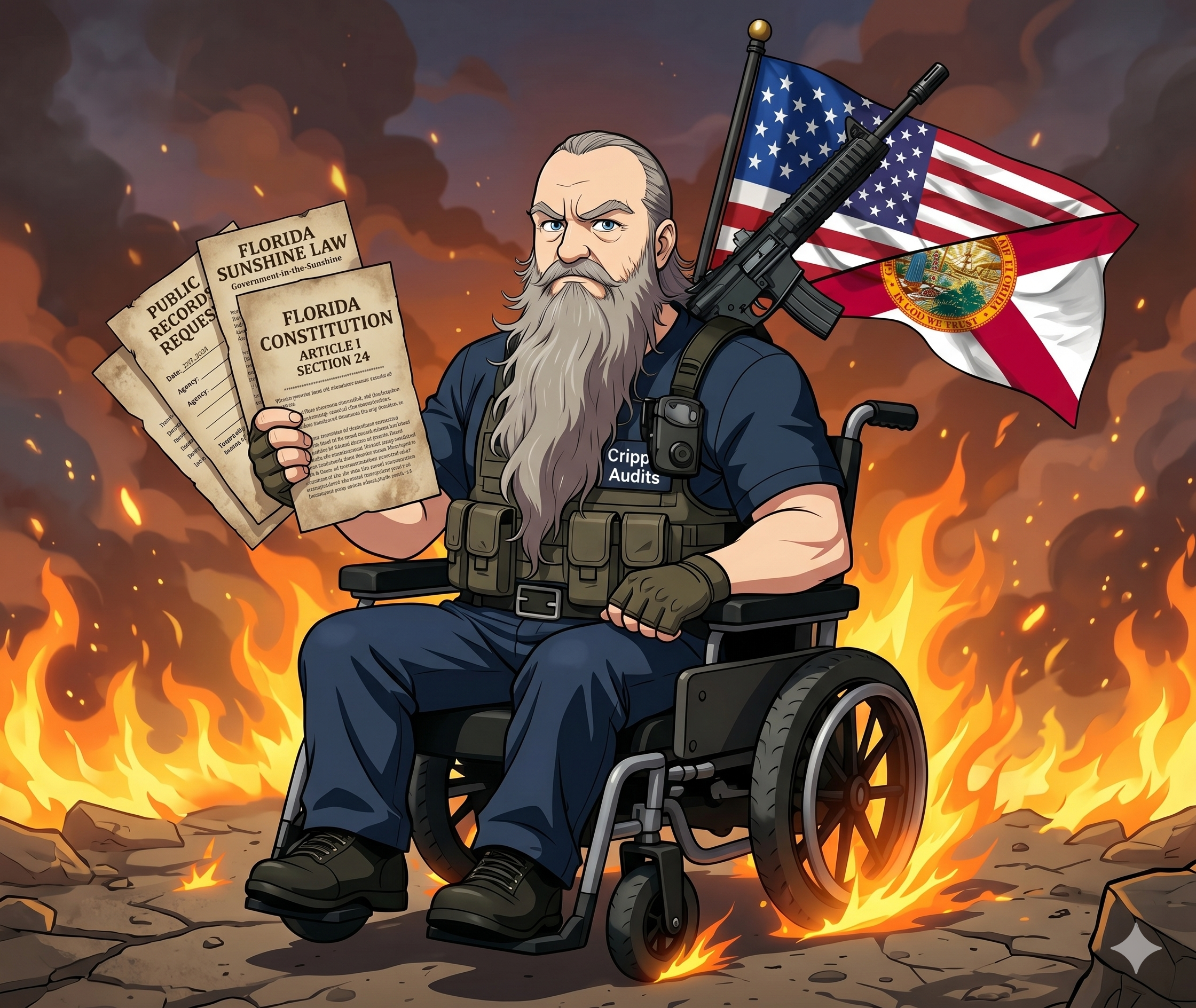 Cripple Audits illustration of a bearded wheelchair user holding public-records and Florida Constitution documents, with American and Florida flags behind him.